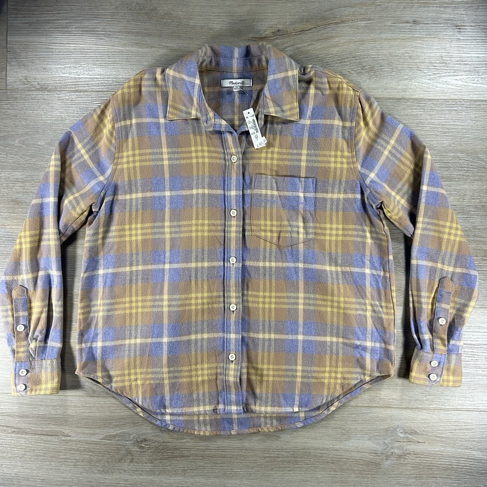 Madewell XS‎ Flannel Oversized Boyfriend Shirt Plaid Dusk Periwinkle Gold Yellow